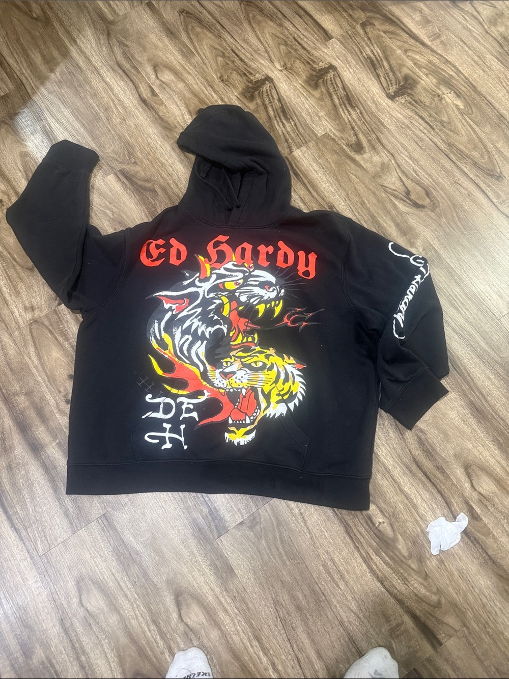 Ed Hardy Black Zip-Up Hoodie with Red, Yellow & White Graphic
